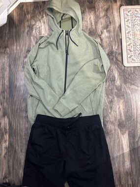 Men set. Sage Green Hooded Zip Pullover Hoodie